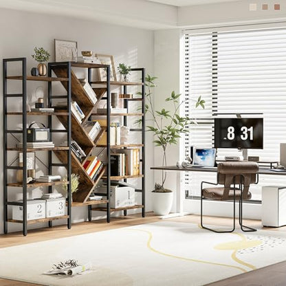 70x70 Triple 5 Tier Book Shelf, Large Wooden Bookcase with 17 Open Display Shelf, Modern Tree Bookshelf Metal Frame Tall Book Case Furniture for Living Room Bedroom Home Office Rustic Brown - color: Brown, size: 5 tier