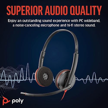 Poly Blackwire 3220 Wired Headset with Mic, Hi-Fi Stereo Sound, Noise-Canceling Mic, Stereo Design, Connect to PC via USB-C & USB-A Adapter, (Renewed)