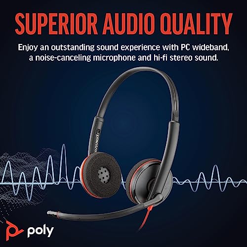 Poly Blackwire 3220 Wired Headset with Mic, Hi-Fi Stereo Sound, Noise-Canceling Mic, Stereo Design, Connect to PC via USB-C & USB-A Adapter, (Renewed)