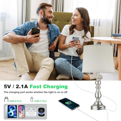23'' Table Lamps Set of 2, Silver Lamps for Bedroom, USB C+A Ports - color: C.Light Oat, Silver