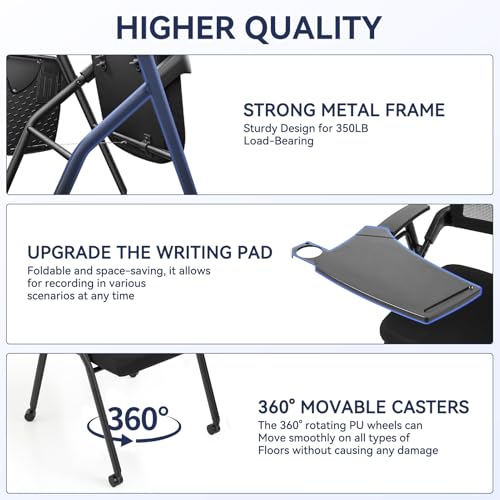Folding Office Chair, Stackable Conference Chair with Casters and Tabletop | 300 lbs Capacity – Space-Saving for Meeting Room, Reception, Guest (With a writing pad) - size: M1