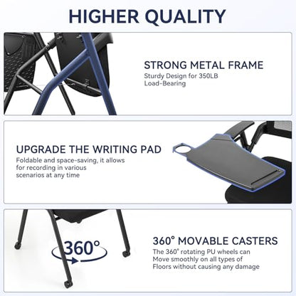 Folding Office Chair, Stackable Conference Chair with Casters and Tabletop | 300 lbs Capacity – Space-Saving for Meeting Room, Reception, Guest (With a writing pad) - size: M1