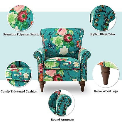 HULALA HOME Traditional Floral Accent Chair with Solid Wood Legs, Blue | Comfy Upholstered Armchair Reading Chair with Rolled Armrests, Nailhead Trim, Removable Cushion, for Living Room Bedroom - color: Blue