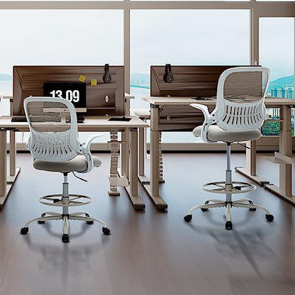 Sweetcrispy Tall Drafting Chair, High Office Desk Chair with Lumbar Support | Adjustable Height, Comfy Flip-up Arm, Footrest, 360° Rolling Counter Stool, Grey - color: Grey, size: 48.4 inches (H) x 24 inches (W) x 25.2 inches (D)