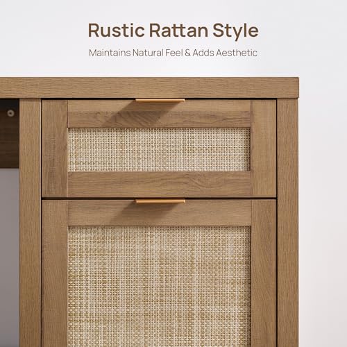 SICOTAS Rattan Computer Desk Wood Desk with Drawer, 59" Home Office Desk | Large Boho Farmhouse Writing Table Vanity Desk with Cabinet for Office, Study, Living Room, Dining Room - size: 1 Piece