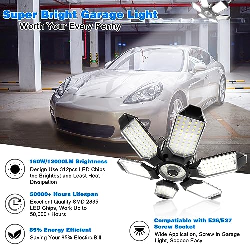 LED Garage Light - 160W LED Garage Ceiling Lights 16000LM Super Bright Garage Lighting with 6 Deformable Panels E26/E27 Screw in Led Shop Lights for Basement Workshop Warehouse Attic - size: 160W - 1Pack