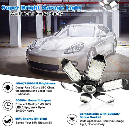 LED Garage Light - 160W Garage Light Bulb 64000LM 6500K Super Bright Garage Lighting w/ 6 Deformable Panels Screw in Shop Lights for Basement Workshop Warehouse Attic - 4Pack - size: 160W - 4Pack