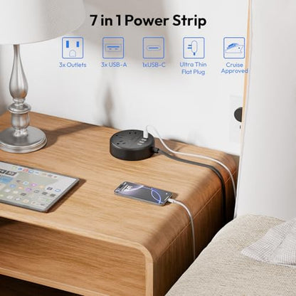 Flat Plug Power Strip with USB Ports, NTONPOWER Nightstand Desktop Charging Station with 5ft Extension Cord, Wall Mount with 3 Outlet 4 USB(1 USB C), Small Size for Travel Home Office Dorm Room, Black - size: 5 Ft, style: 3A2U