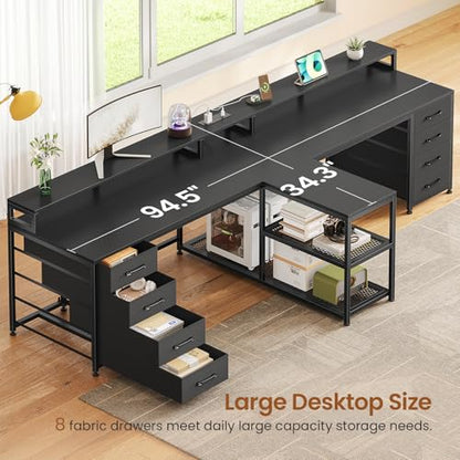 SEDETA 94.5" 2 Person Gaming Desk with 8 Drawers & Storage Shelves, Black | Double T Shaped Office Desk with LED Lights, Power Strip with USB & Monitor Stand for Home Office, Bedroom - color: Black