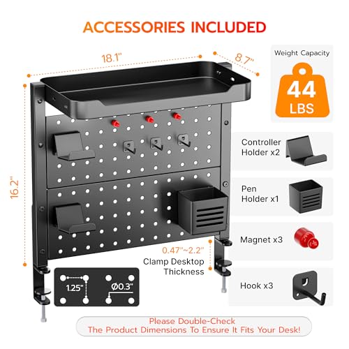 ARES WING Desk Clamp On Pegboard with 16 inches Organizer Shelf, Black | Adjustable Above or Under Desk Storage Shelf Holds 44 lbs, Magnetic Metal Peg Board for Office and Gaming Accessories - color: Black, size: Pegboard Shelf