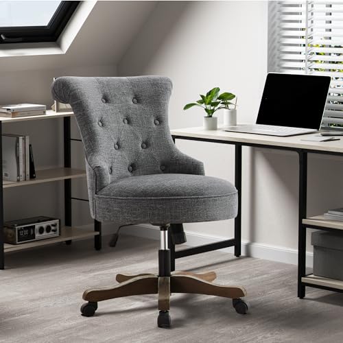 HUIMO Home Office Chair Upholstered Armless Swivel Desk Chair with Wheels | Adjustable Height Computer Desk Chair with Wooden Legs linen Comfortable Swivel Chairs for Farmhouse Study Studio Dark Grey - color: Grey
