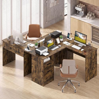 Tangkula 59" L-Shaped Executive Desk w/Power Outlets (Rustic Brown) - color: Rustic Brown