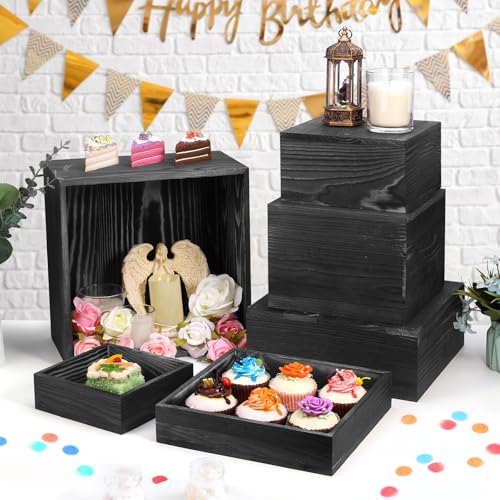 6 Pack Wooden Risers Display Stands Square Food Risers for Buffet Party Rustic Wood Cake & Cupcake Stands Nesting Box Wooden Crates for Display - color: Black