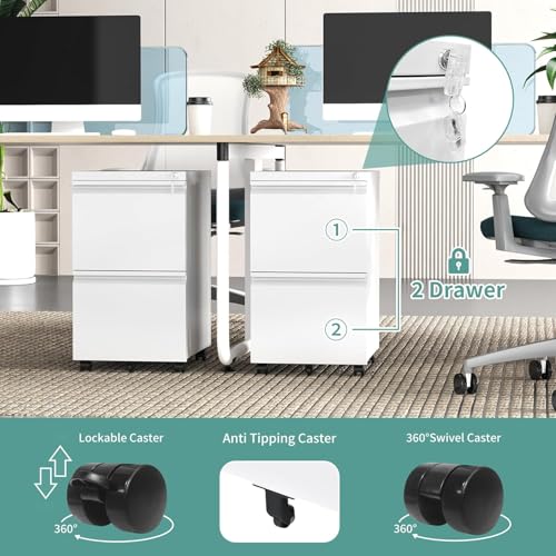 Guizeeopo 2 Drawer Locking File Cabinet, Fully Assembled Heavy-Duty Metal Filing Cabinets for Home Office, Quiet Slides, Anti-Tipping Wheels, Fits A4/Letter/Legal, Matte White - color: 03-b White
