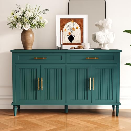 58 Inch Sideboard Buffet Cabinet with Storage, Fluted Buffet Storage Cabinet with 2 Drawers and 4 Doors, Modern Coffee Bar with Adjustable Shelves for Living Room, Kitchen (Green) - color: Green