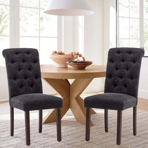 COLAMY Button Tufted Dining Chairs Set of 6, Parsons Upholstered Fabric Dining Room Chairs Kitchen Chairs with Wood Legs and Padded Seat, Black - color: Black, size: set of 6