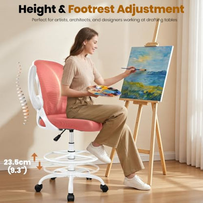Drafting Chair Tall Office Chair with Flip-up Armrests Executive Ergonomic Computer Standing Desk Chair with Lumbar Support and Adjustable Footrest Ring (Grapefruit Pink - color: Grapefruit Pink, size: 934-Z
