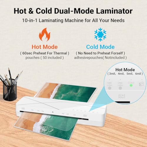 A3 Laminator Machine 13 Inch Thermal Cold 10-in-1 Auto Feed Laminator with 50 Sheets, Paper Trimmer, Corner Rounder, Fast Warm Up Jam-Proof for Home Office School Documents Photos (White) - color: White