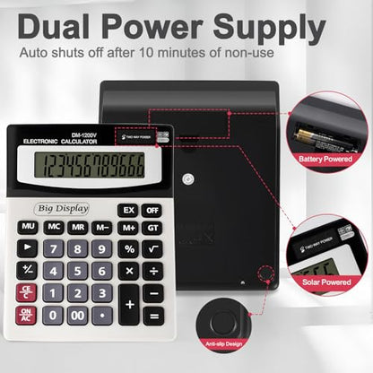 Desk Calculator,Extra Large 4in LCD Display,12 Digits,Solar Battery