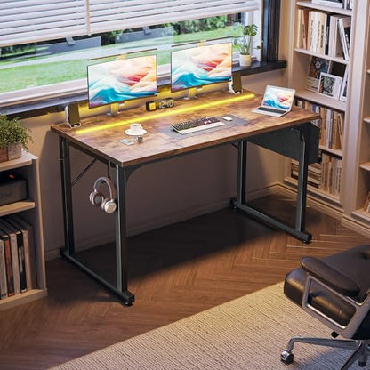 DurayLoly 48" Computer Desk with Waterproof LED Lights for Bedroom,Brown - color: Rustic Brown, size: 48 IN