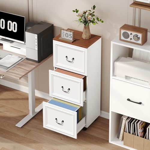 MAHANCRIS 3 Drawer File Cabinet, Rolling File Cabinet for Home Office, Wooden Under Desk Storage, Printer Stand with Drawers, for A4/Letter-Size Files, White and Walnut FCBA3901 - size: 3 Drawer