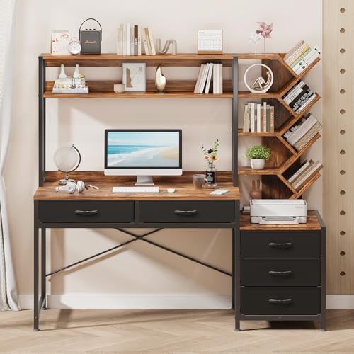 YOMILUVE 52" Computer Desk with Bookshelf, 5 Drawers ＆ Hutch for Bedroom | Office Desk with Printer Shelf, Study Writing Desk with Storage Shelves, Rustic Brown - color: Rustic Brown