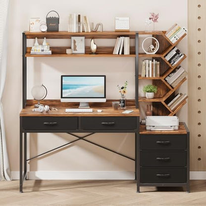 YOMILUVE 52" Computer Desk with Bookshelf, 5 Drawers ＆ Hutch for Bedroom | Office Desk with Printer Shelf, Study Writing Desk with Storage Shelves, Rustic Brown - color: Rustic Brown