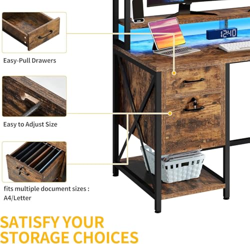 DWVO 59.1" Computer Desk with Hutch, Drawers, Power & LED, Rustic Brown - color: Rustic Brown