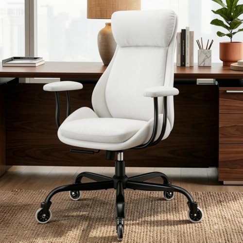 Leather Executive Office Chair, Computer Desk Chair, White | Ergonomic, Rubber Wheels, Lumbar Support, 360° Swivel, High Back, Adjustable Height, for Modern Home Office - color: Pearl White