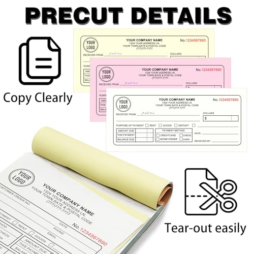 Custom Invoice Book with Logo 50 Set Personalized Receipt Books Customized Invoices for Small Business 3 - Parts Carbonless Duplicate Invoice Forms NCR Books - size: 8.5" x 11", style: 3-part invoice