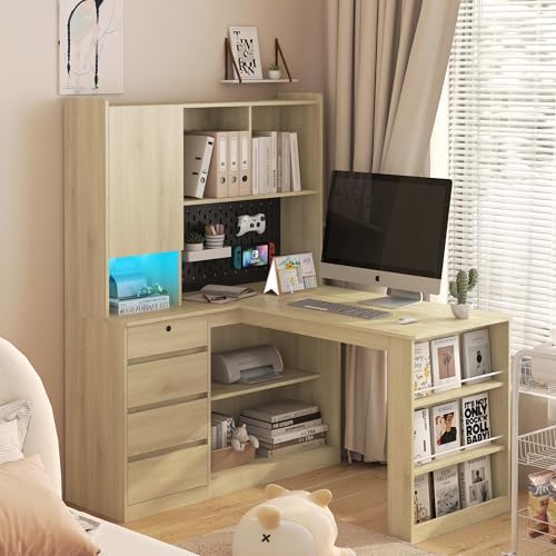 KEIKI L Shaped Home Office Desks with LED Light, Pegboard, Hutch, Drawers, Bookshelf & Storage Shelves, Modern Wooden Gaming Computer Corner Table for Work, Study, Writing - color: Natural, size: Medium and Left Shelf