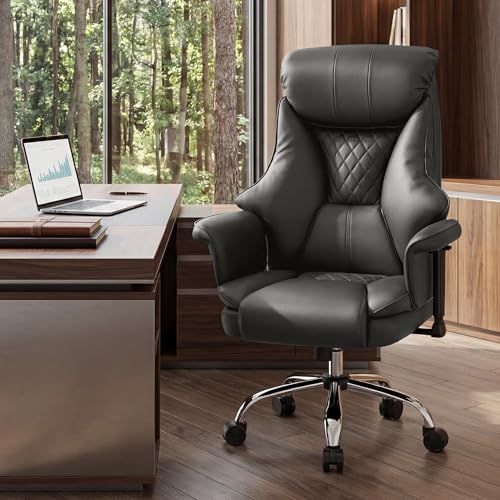 Big and Tall Office Chair - Executive High Back Leather Office Desk Chair with Adjustable Lumbar Support - Ergonomic Comfortable Heavy Duty Computer Gaming Chair with Padded Arms & Wide Seat - color: Grey