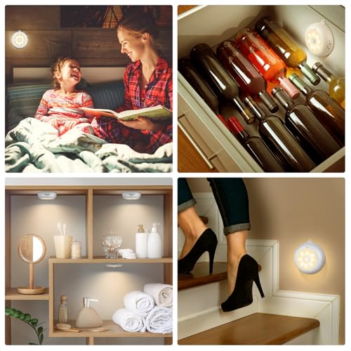 Reoshine Motion Sensor Light Indoor AA Battery Operated, Under Cabinet Lighting, Magnetic Stick on LED Puck Lights for Stair, Wall, Closet, Dimmable, 3000K Warm White (6 Pack) - color: Warm White