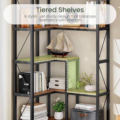 Corner Bookshelf, 5-Tier L-Shaped Bookcase, Corner Shelf with Metal Frame, Industrial Tall Display Shelf, for Living Room, Home Office, Bedroom, Rustic Brown TSJ12BF