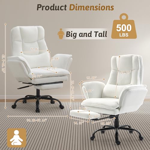 Wider Seat Office Chair with Flip Armrests for Criss Cross Legged&Cats, Big and Tall Executive Ergonomic Reclining Chair with Footrest&Lumbar Pillow, Teddy Fleece Desk Chair,White Vanity Chair - color: White