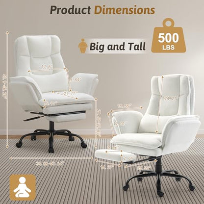 Wider Seat Office Chair with Flip Armrests for Criss Cross Legged&Cats, Big and Tall Executive Ergonomic Reclining Chair with Footrest&Lumbar Pillow, Teddy Fleece Desk Chair,White Vanity Chair - color: White