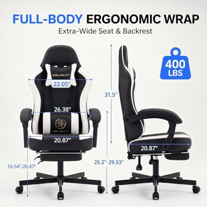 Desk Computer Gaming Chair - High Back Ergonomic Office Chair with Footrest and Lumbar Support, Swivel Comfy Home Gamer Video Game Chairs with Pocket Spring Cushion for Adults (White Leather) - color: Classic White Leather