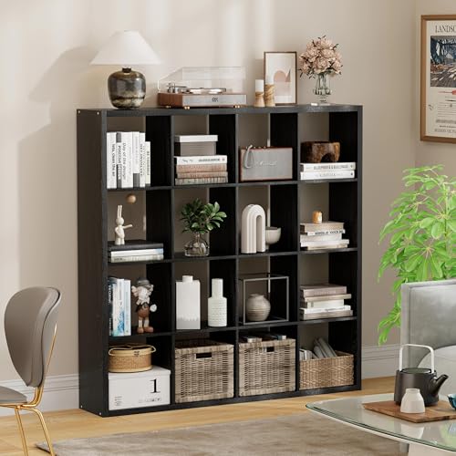 16-Cube Storage Organizer Bookcase, Thick Frame Wood Grain Storage Shelf, Rectangular Cube Open Back Display Unit, 48.8x9.4x48.8 Inches for Living Room, Bedroom, Home Office, Embossed Black - color: Black, size: 16 Cube-48.82" L x 9.37" D x 48.82" H