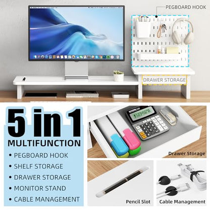 Pegboard Monitor Stand Riser,Computer Monitor Stand with 2 Hooks Cable Management Desk Organizer and Drawer for Laptop,PC,Computer,Printer,White