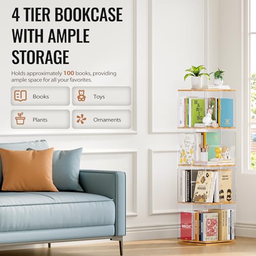 TAKEKIT Rotating Bookshelf, 360 Degree Revolving Bookcase, 4-Tier Spinning Bookshelf, Clear Acrylic & Solid Wood Rotating Bookcase for Kid’s Playroom, Bedroom and Living Room, Square - color: Natural Square, size: 4-Tier