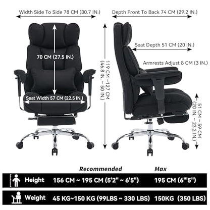 Efomao Executive Office Chair, Mesh Black Fabric Big and Tall Desk Chair | Breathable fabric, pocket spring & foam seat, retractable footrest, 135° recline for computer gaming setup - color: 3084mus-black