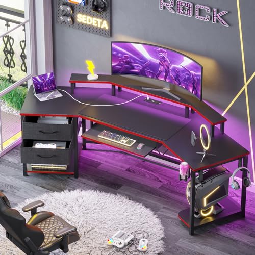 SEDETA 79" Gaming Desk with Fabric Drawers Storage, LED Light & Power Strip | Carbon Fiber Black&Red Long Computer Desk with Monitor Stand, Keyboard Tray, CPU Shelf, CUP Holder, Hooks for Work, Writing - color: Carbon Fiber Black&red