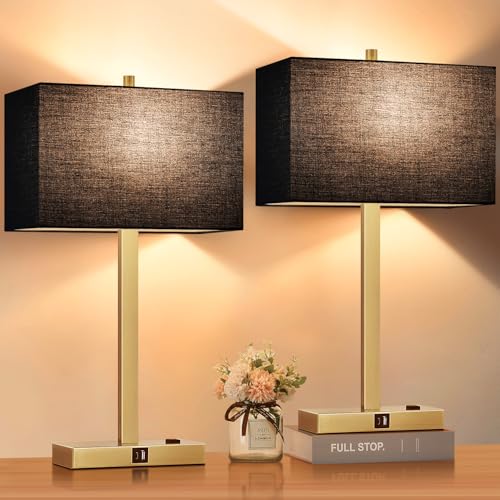 Lynnoland 21" Set of 2 Bedside lamp with USB A+C & AC Outlets, Touch Control 3-Way Dimmable Nightstand Lamps for Bedroom Living Room Office Reading, Black Shade Touch Lamps, 3000K LED Bulbs Included - color: Black Line & Gold