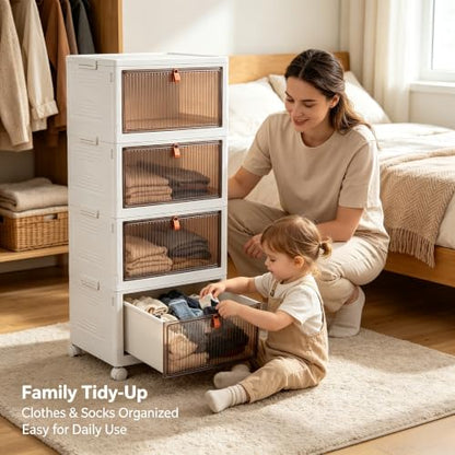 4-Tier Foldable Plastic Drawer Storage with Wheels,Stackable Storage Bins with Lid,Organization and Storage Boxes for Kitchen,Cloakroom,Closet,Living Room,Office and Dorm - size: 15.35''