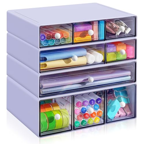 Desk Organizer with 9 Drawers, 4 Tiers Stackable Storage Drawers, Desktop Storage Box with Clear Drawers for Stationery, Makeup, Jewelry, Office and Craft Supplies (Purple) - color: Purple