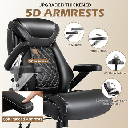 700lbs Leather Big and Tall Office Chair, Ergonomic Heavy Duty Executive Office Chair with 5D Flip Arms & Adjustable Lumbar Support & Dual Rubber Wheel, Large Thick Padded Extra Wide Seat, Black - color: Black