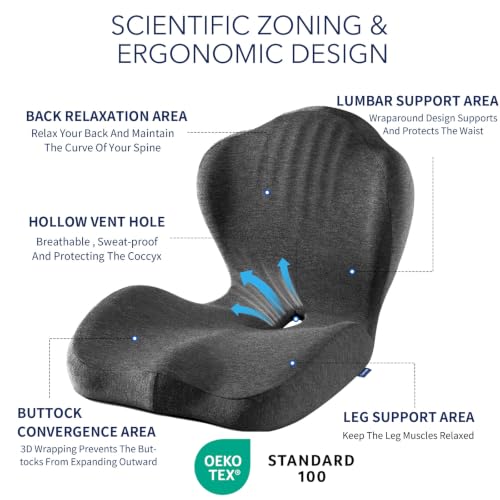 Seat Cushion for Car Truck Driver, Memory Foam Seat Cushion with Adjustable Strap,Ergonomic Lumbar/Back Support & Sciatica Relief for Long Drives, Orthopedic Cushion for Office Chair, Car, Semi Truck