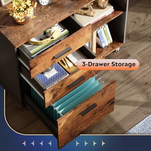 DEVAISE 3-Drawer Mobile File Cabinet, Lateral Filing Cabinet, Rustic Brown - color: Rustic Brown