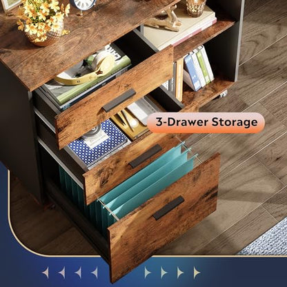 DEVAISE 3-Drawer Mobile File Cabinet, Lateral Filing Cabinet, Rustic Brown - color: Rustic Brown