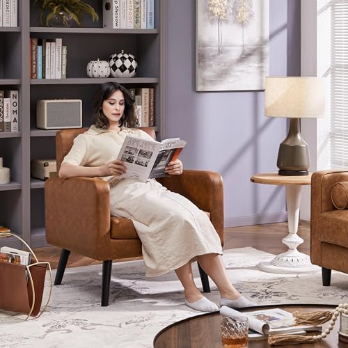 Yaheetech Mid Century Accent Chair Living Room Chair Retro Brown | Faux Leather Upholstered Sillones Para Sala, Modern Reading Nook Chair, Button Tufted Back, Rubberwood Legs, Bedroom Office - color: Retro Brown, size: set of 1